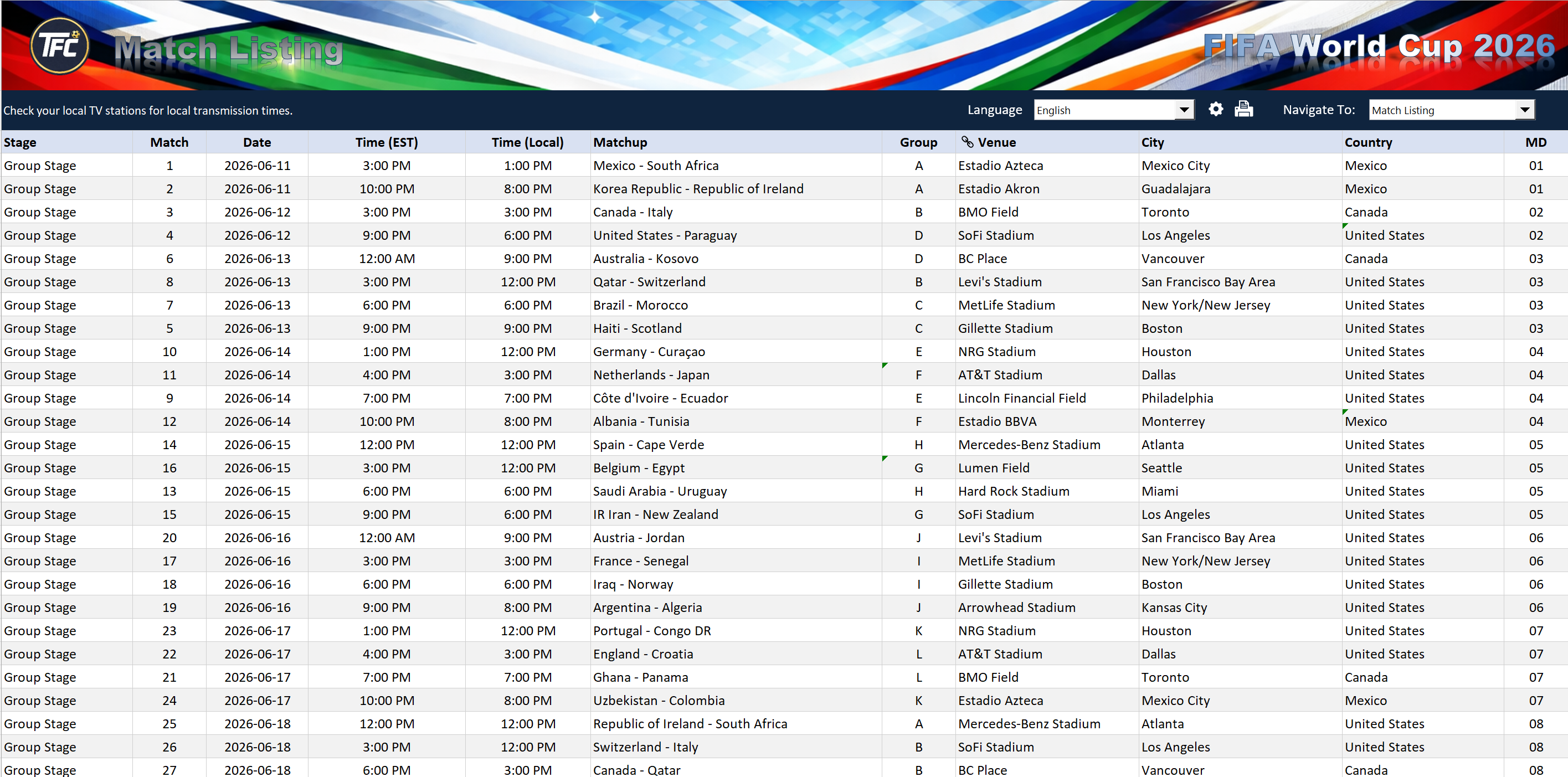 Match schedule workbook view
